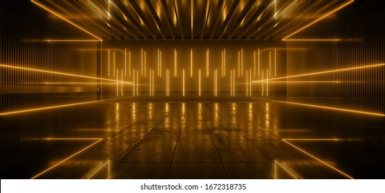 Futurism Sci Fi Alien Neon Laser Glowing Cyber Orange Vibrant Beam Studio Concrete Reflective Garage Underground Dance Club Show Fashio 3D Rendering Illustration