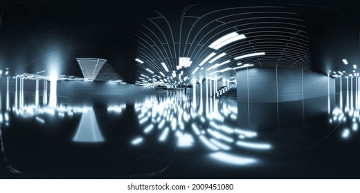 futuristic 360 full degree panorama view of futuristic dark hall industrial design 3d render illustration hdri hdr vr style