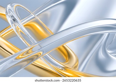 Futuristic 3D abstract background featuring intertwined silver and gold fluid ribbons with transparent glass-like textures on a soft metallic surface. Ideal for luxury branding, cosmetics, tech design