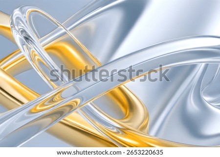 Futuristic 3D abstract background featuring intertwined silver and gold fluid ribbons with transparent glass-like textures on a soft metallic surface. Ideal for luxury branding, cosmetics, tech design