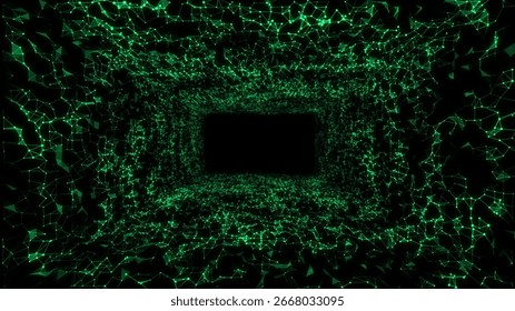 Futuristic 3D background green plexus wireframe square tunnel with lines connecting data point. Concept big data grid in dark cyberspace.