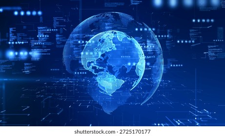 Futuristic 3D digital earth with data streams and interface graphics. Ideal for global technology, network systems, or big data analysis visuals. Technology digital data network concept. 3d Rendering