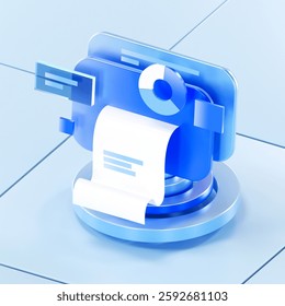 A futuristic 3D digital receipt printing from an abstract blue analytics interface, featuring floating data elements, charts, and financial symbols, representing fintech, automation.3D Rendering