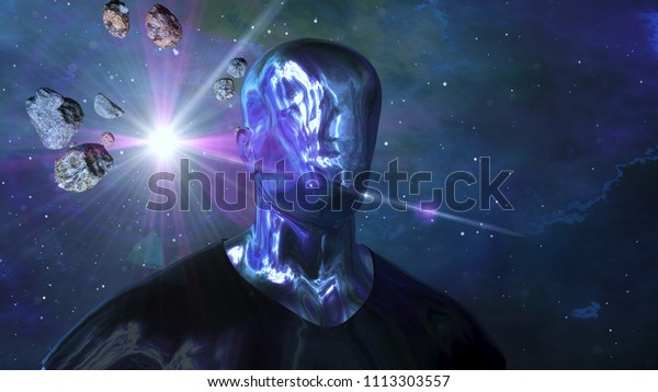 A\
futuristic 3d illustration of a cyborg man without eyes and a nose\
but with sparkling metallic surface of his face and body. The\
flying asteroids spin around him in the black\
space.