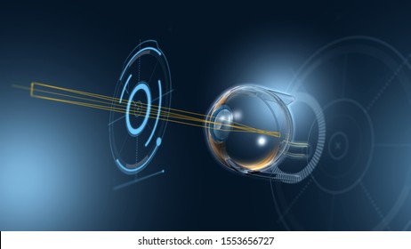 Futuristic 3D illustration showing human eye with pupil, iris, anterior chamber, posterior chamber, ciliary body, eye ball and vitreous body