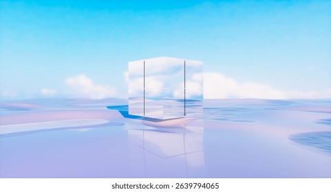 Futuristic 3d landscape background with cube mirror reflection the sky. Innovation technology concept