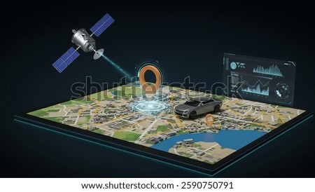 Futuristic 3D map with a pinpoint marker. A satellite transmits signals to a city car, showcasing advanced GPS tracking. Holographic UI, real-time data, and cinematic lighting highlight precision.