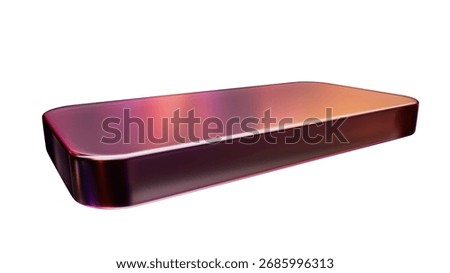 Futuristic 3D metallic rectangle with glossy surface and pink-orange gradient reflections on white background. 