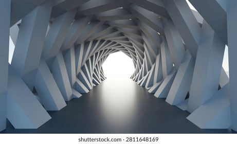 Futuristic 3D render of a grey spiral geometric parametric tunnel corridor leading to bright light