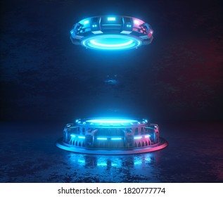 Futuristic 3d Render Mockup. Space Theme Illustration. Cyber Platforms With Glowing Neon Lights. 