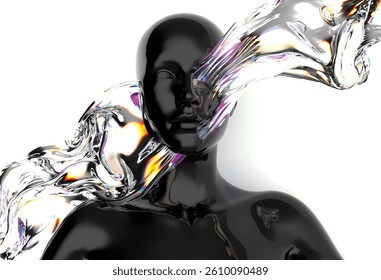 Futuristic 3D rendering of a black humanoid face intertwined with iridescent, fluid-like shapes, creating a dynamic visual contrast and a sense of movement and modernity.