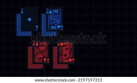 Futuristic 3D rendering of glowing neon game cards of king queen jack and aces on dark grid background.