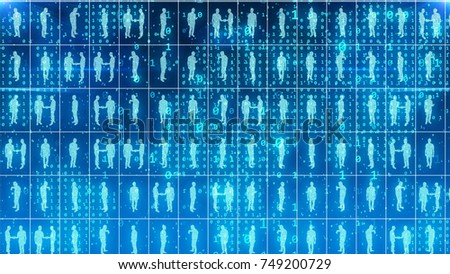 A futuristic 3d rendering of identical businessmen and women standing in world office square cells of a light blue network imposed on the digital map in the background.