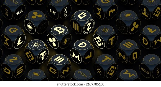 Futuristic 3D rendering of various crypto symbols on glowing neon dices.