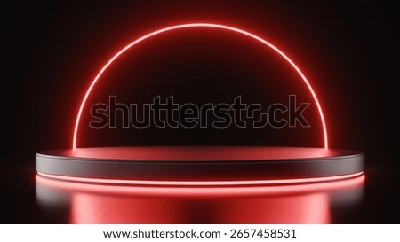 Futuristic 3D Stage Platform with Red Arch and Green Neon Lights


