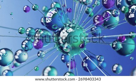 Futuristic 3D visualization of central glowing sphere with radial rays and floating colorful particles, symbol of energy, technology and digital science concept. 3D Illustration