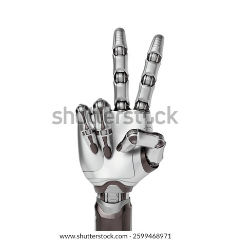 A futuristic 3D-rendered robotic hand making a number two gesture, symbolizing artificial intelligence and technological advancement. 3D Render