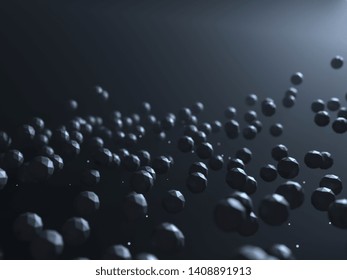 Futuristic abstract 3d render of flying polygonal spheres. Chaotic low poly particles in the dark fantastic space. High technology concept. Background modern digital design.