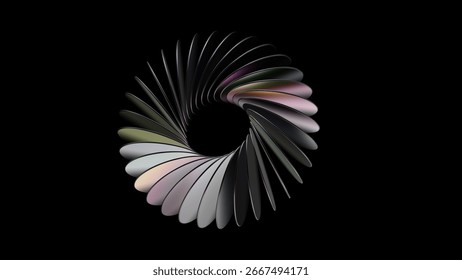 Futuristic abstract 3D render of glossy metallic disks arranged in a circular formation with vibrant gradient reflections on black background, representing symmetry, flow, and futuristic minimalism.
