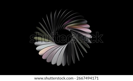 Futuristic abstract 3D render of glossy metallic disks arranged in a circular formation with vibrant gradient reflections on black background, representing symmetry, flow, and futuristic minimalism.
