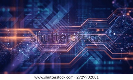 Futuristic abstract background featuring glowing blue and purple digital waves, big data network connections, and geometric grid lines in cyberspace.