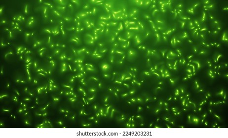 Futuristic abstract background. Mixable green viscous lustrous liquid. Abstract microorganisms under the microscope. 3D render.