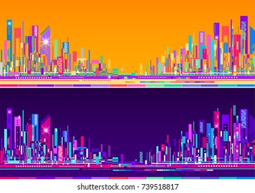 Futuristic Abstract City Skylines, At Day And Night