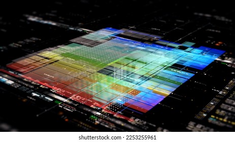 Futuristic abstract de-focus data matrix, meta, metaverse, telemetry and encrypt numbers display with particles simulation in cyber space environment for head up display background