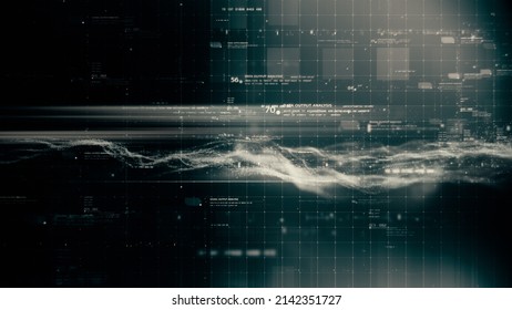 Futuristic Abstract De-focus Flowing Data Matrix, Telemetry And Encrypt Numbers Display With Particles Simulation For Head Up Display In Cyber Space Environment Background