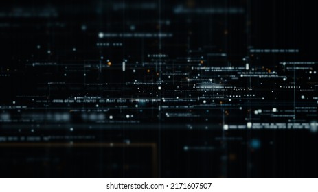 Futuristic abstract de-focus flowing data matrix, meta, metaverse, telemetry and encrypt numbers display with particles simulation in cyber space environment for head up display background