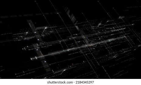 Futuristic Abstract De-focus Flowing Data Matrix, Meta, Metaverse, Telemetry And Encrypt Numbers Display With Particles Simulation In Cyber Space Environment For Head Up Display Background