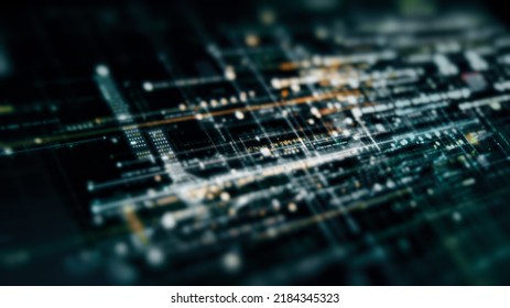 Futuristic Abstract De-focus Flowing Data Matrix, Meta, Metaverse, Telemetry And Encrypt Numbers Display With Particles Simulation In Cyber Space Environment For Head Up Display Background