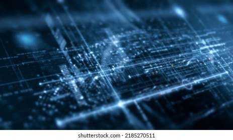 Futuristic Abstract De-focus Flowing Data Matrix, Meta, Metaverse, Telemetry And Encrypt Numbers Display With Particles Simulation In Cyber Space Environment For Head Up Display Background