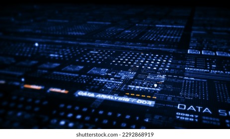 Futuristic abstract de-focus flowing data matrix, telemetry and encrypt numbers display with particles simulation for head up display in cyber space environment background