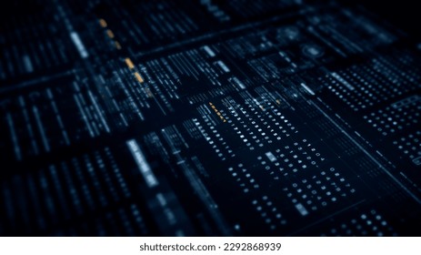 Futuristic abstract de-focus flowing data matrix, telemetry and encrypt numbers display with particles simulation for head up display in cyber space environment background