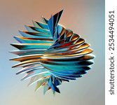 Futuristic abstract metallic sculpture with smooth, twisting geometric shapes in vibrant, iridescent colors. Reflective surfaces and dynamic movement against a gradient background.