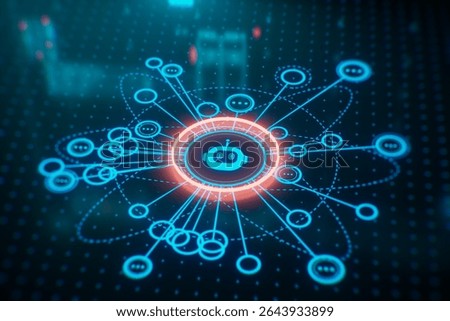 Futuristic AI chatbot interface with glowing neon network connections. Concept of artificial intelligence, machine learning, and digital communication in a virtual data environment. 3D Illustration