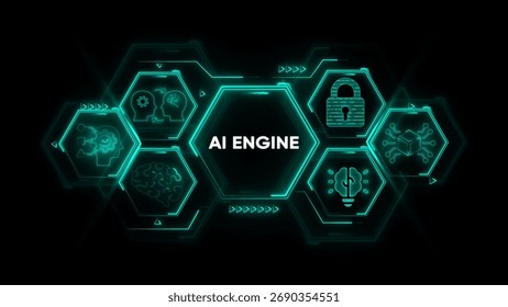 Futuristic AI Engine concept with glowing teal hexagons and icons on black background artificial intelligence