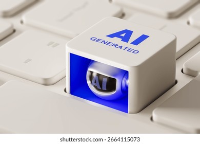 Futuristic AI generated button on keyboard, glossy 3D rendering style, white background, concept of artificial intelligence and automation