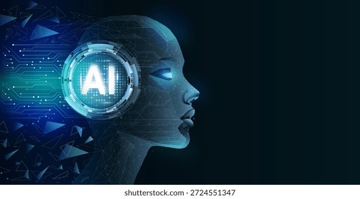 Futuristic AI head with glowing elements symbolizes advanced technology and artificial intelligence integration in daily life, reflecting innovation and creativity.
