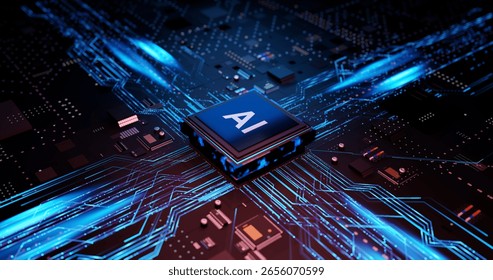 Futuristic AI Processor Chip on Circuit Board with Glowing Data Flow