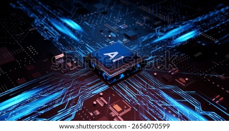 Futuristic AI Processor Chip on Circuit Board with Glowing Data Flow