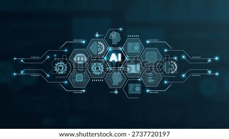 Futuristic AI technology graphic featuring interconnected hexagons showcasing various components and ideas of artificial intelligence.
