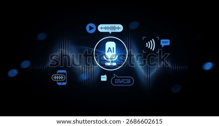 Futuristic AI voice recognition interface with microphone, waveform, and tech icons in glowing blue style on dark background. Concept of AI voice tech. 3D Rendering
