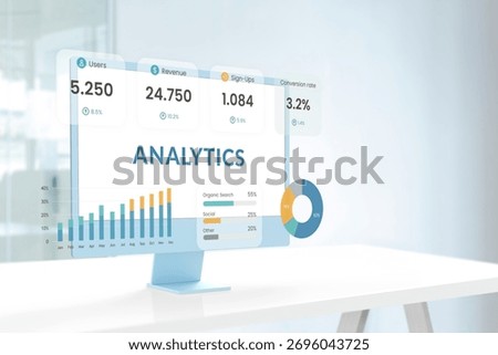 Futuristic analytics dashboard with digital charts, user metrics, and growth statistics floating above computer screen in modern office background