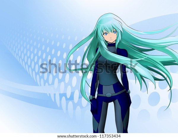 futuristic anime girl on blue background stockillustration