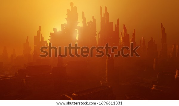 Futuristic architecture rendering. Science\
fiction cityscape in sunset colors. 3D\
rendering