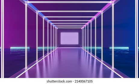 Futuristic architecture sci-fi hallway and corridor tunnel with neon lights background, 3d rendering