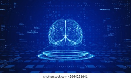 Futuristic Artificial Intelligence concept with glowing digital brain, binary code, and technology terms like machine learning, data mining, and automation. Technology digital background 3d Rendering