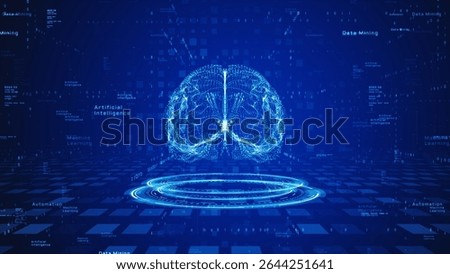 Futuristic Artificial Intelligence concept with glowing digital brain, binary code, and technology terms like machine learning, data mining, and automation. Technology digital background 3d Rendering